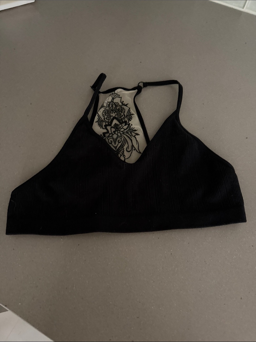 Black Ribbed Bralette with Floral Mesh Insert